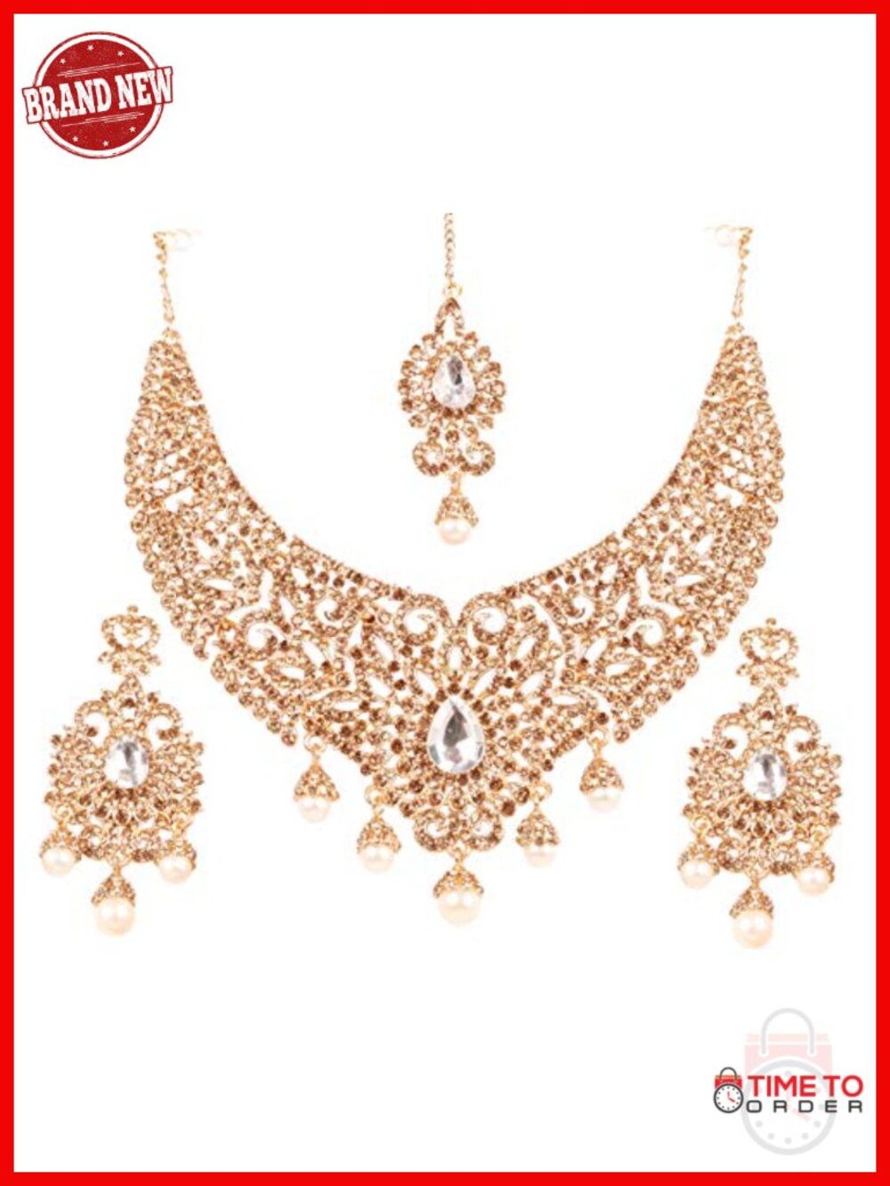 Indian Tikka Wedding Necklace Set Faux Pearls Crystal Rhinestone Gold